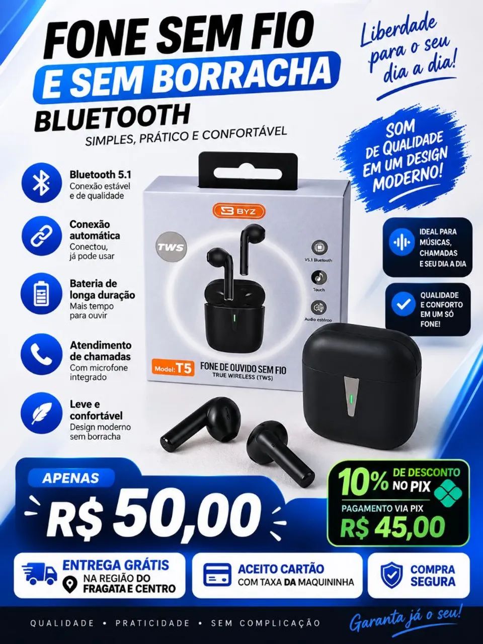 Fone bluetooth sem fio 