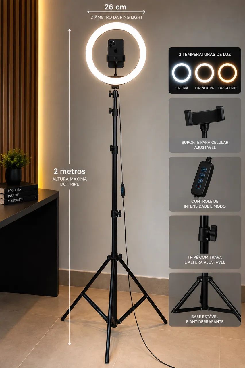RING LIGHT 26cm + TRIPÉ DE 2 metros  - Foto 4