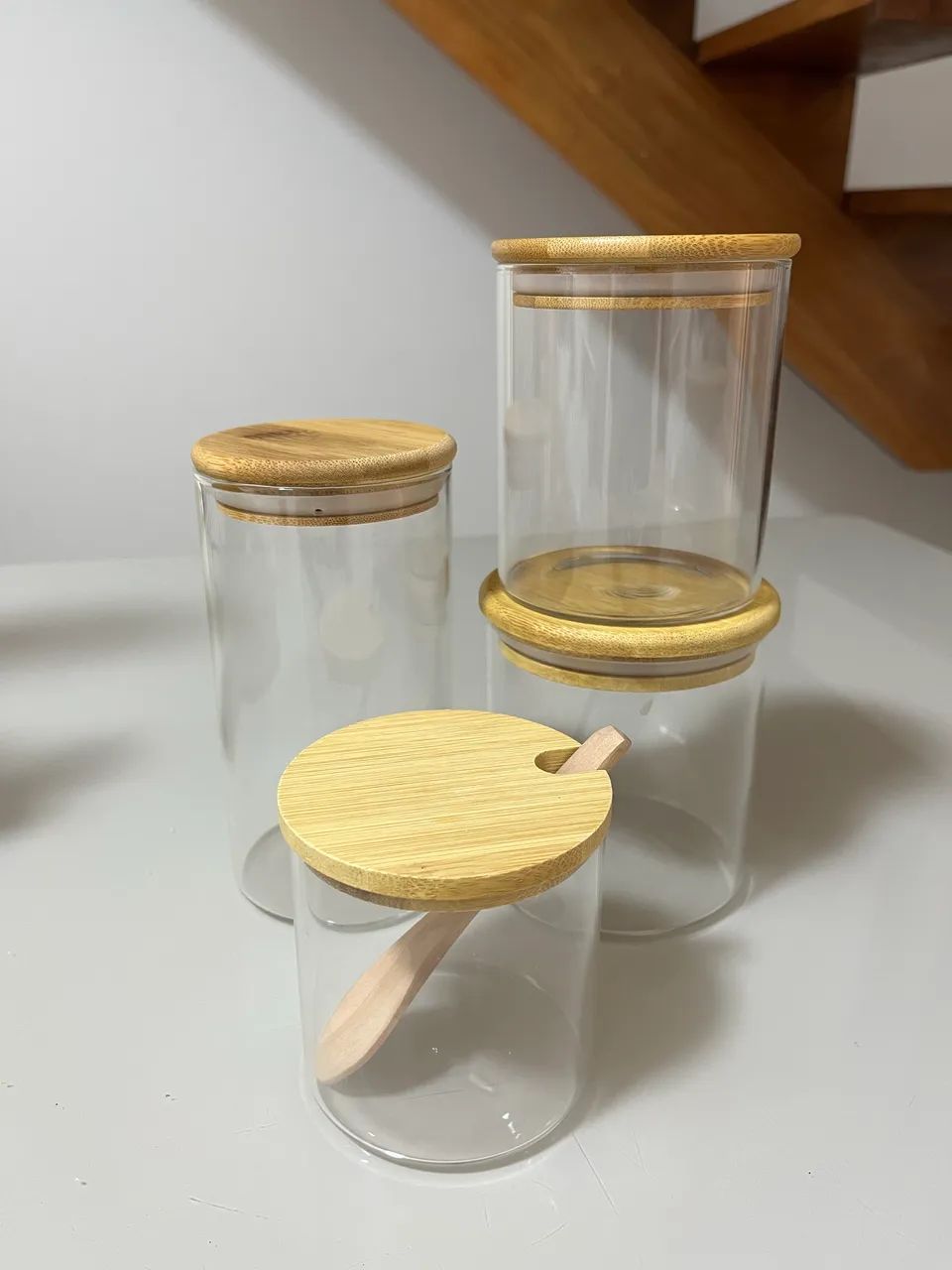 Potes e Açucareiro de vidro com bambu 