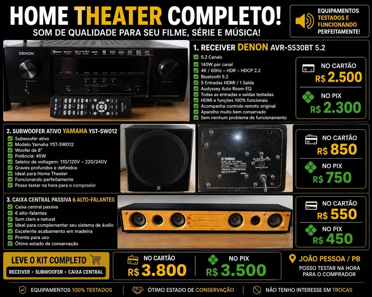 HOME THEATER COMPLETO - DENON + YAMAHA + CAIXA CENTRAL