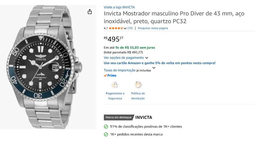 RELOGIO INVICTA  MODELO 30956 DE 43MM