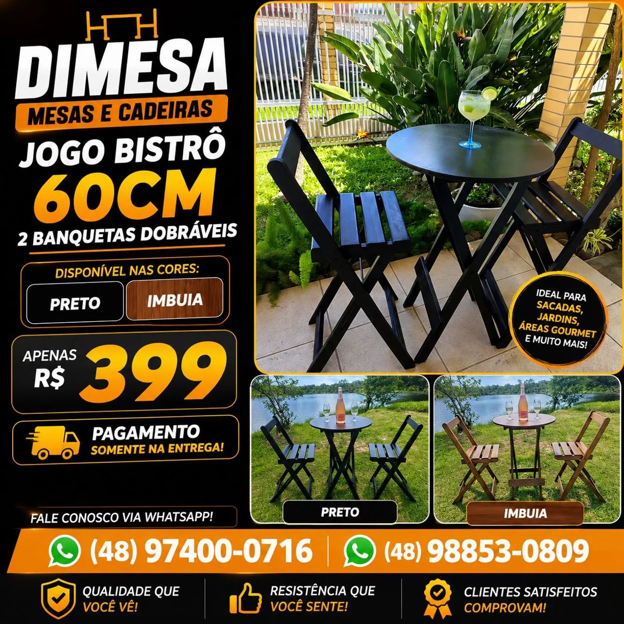 Conjunto bistrô 60cm com 2 banquetas dobráveis 