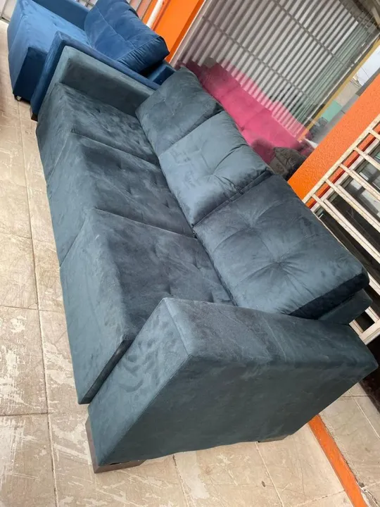 Sofá de Canto 3 Lugares Suede Azul