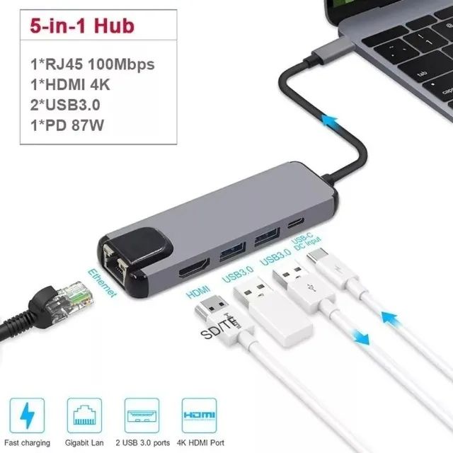 Adaptador Hub Tipo-c 5 Em 1 / Hdmi, 2x Usb, Lan E Tipo-c - Foto 4