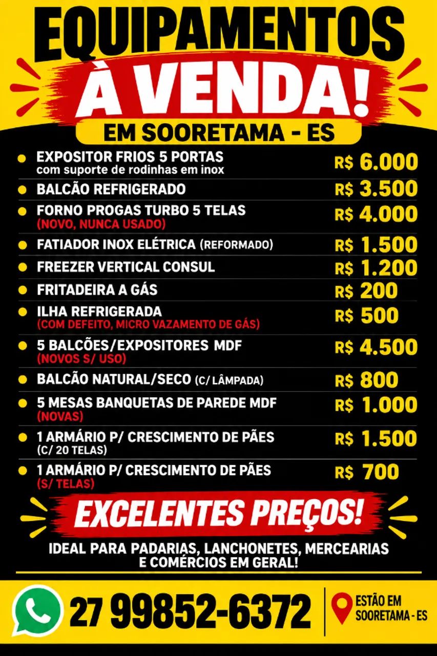 Equipamentos para Padaria, Lanchonete e Mercearia - Sooretama/ES