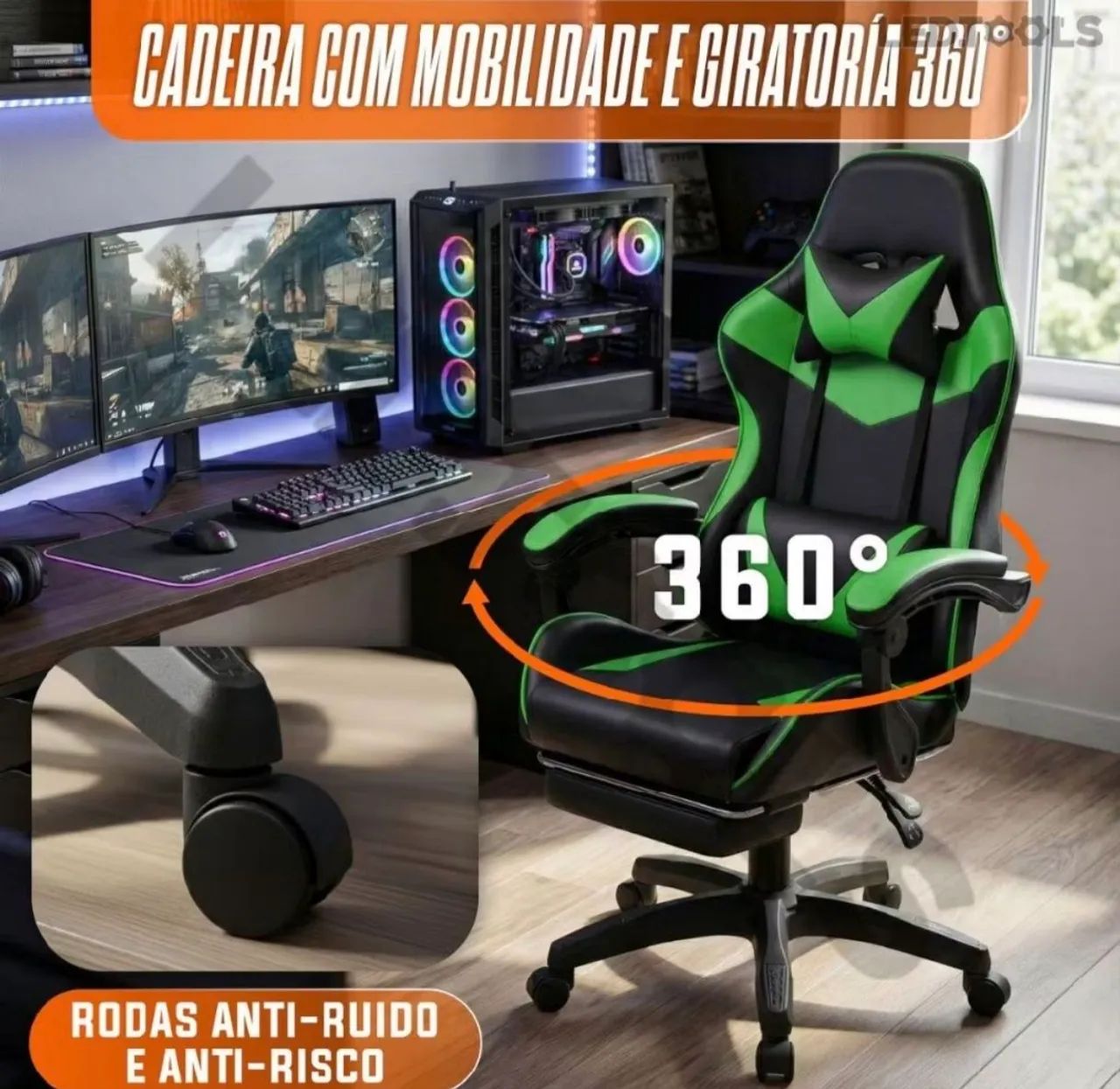 Cadeira gamer nova com caixa preta e verde - Foto 3