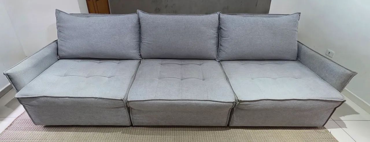 Sofá Retrátil e Reclinável 3,0m com molas Tecido Linho Cinza Claro - Foto 5
