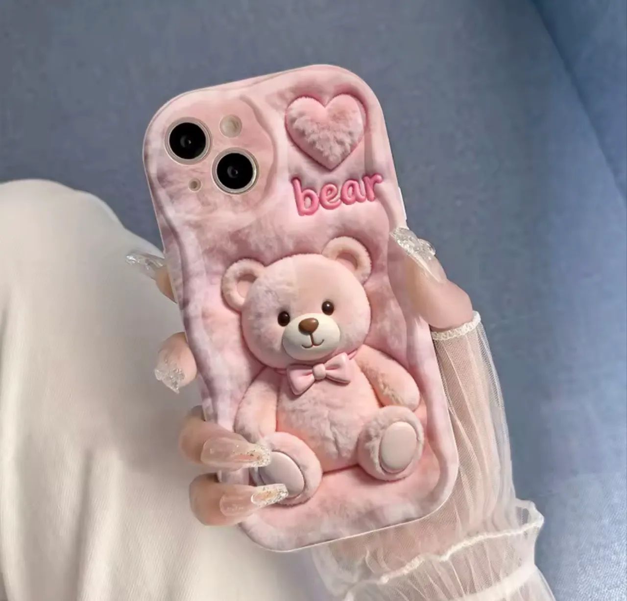 Capa iPhone 16 pro max Estampa de Urso 3D com efeito Pelúcia rosa 
