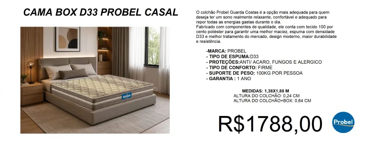 Colchão + box - casal - D33 - Probel - compre hoje e receba em até 72 horas 