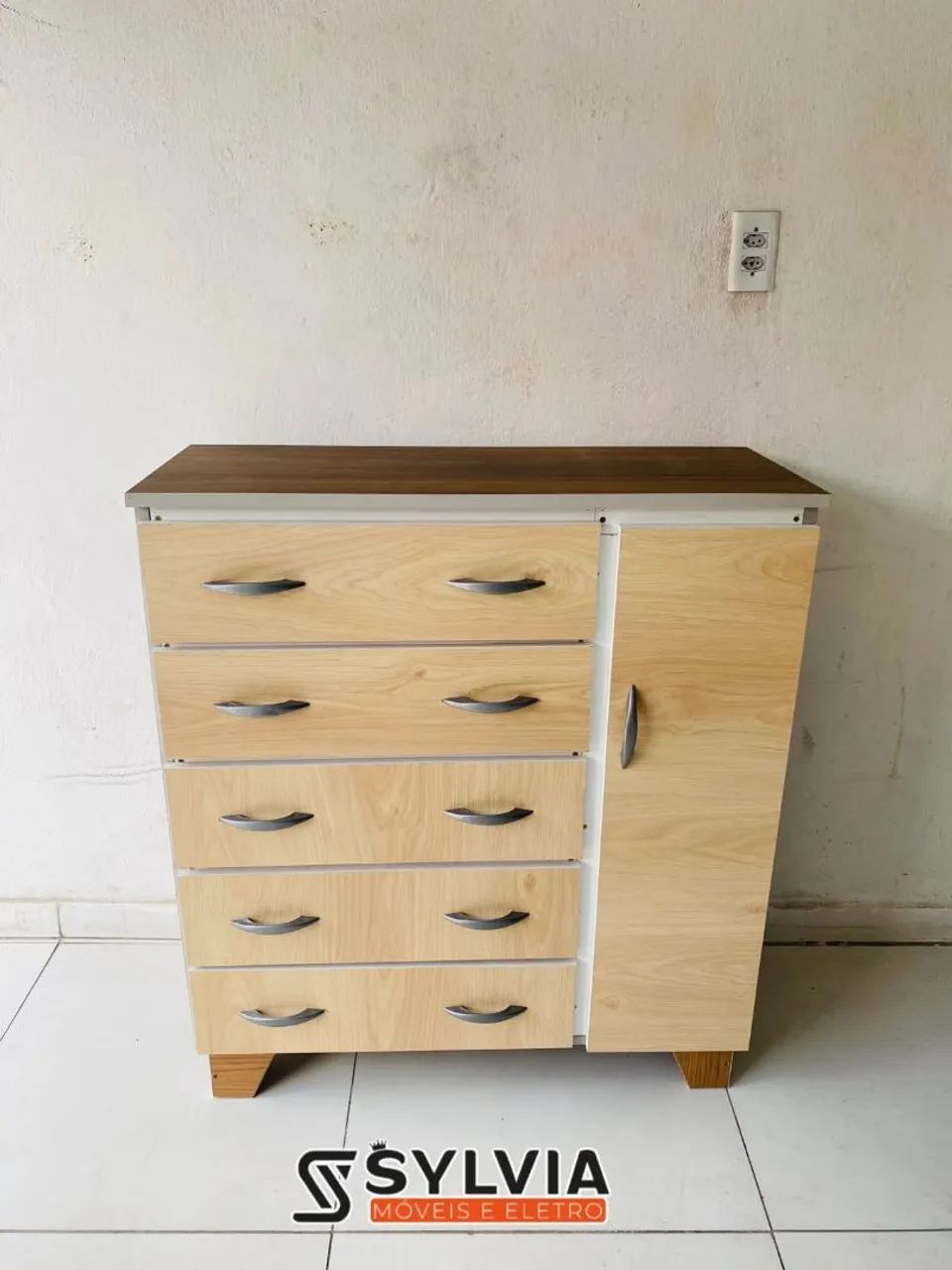 Cômoda 5 gavetas com sapateira ( branco e amadeirado)