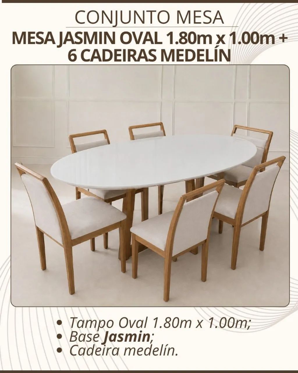 Mesa de Jantar elegante oval com 6 cadeiras 