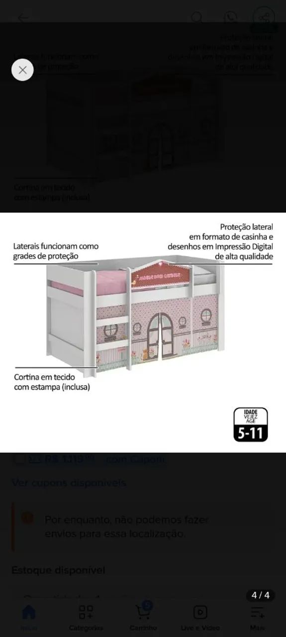 Cama alta de casinha infantil com cabana