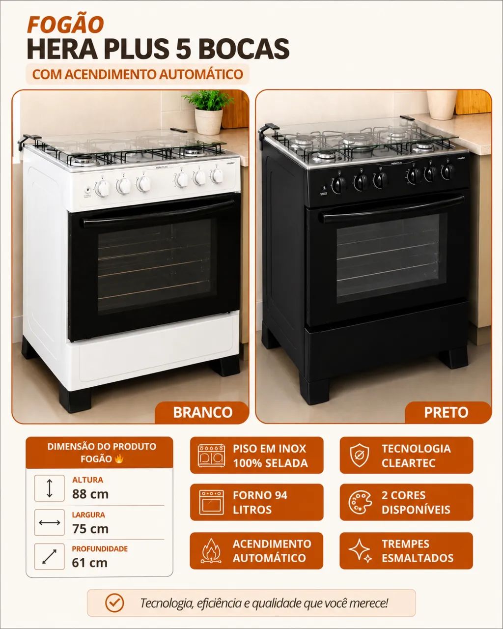 FOGÃO HERA PLUS 5 BOCAS - ACENDIMENTO AUTOMÁTICO 