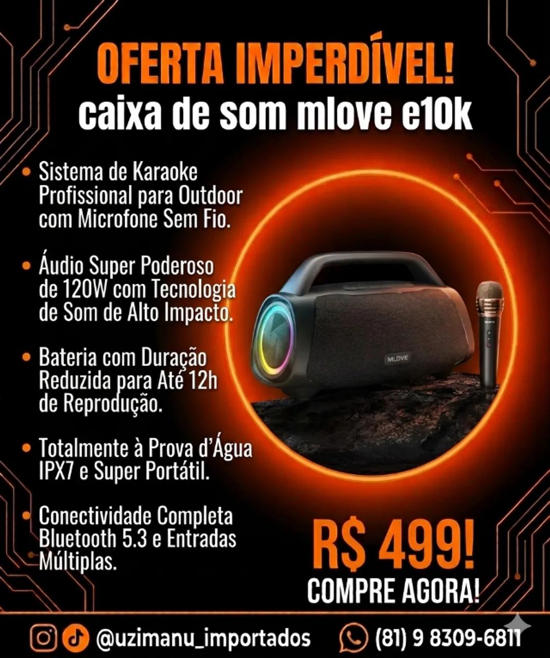 Caixa de Som Mlove E10K - Potência e Estilo na Sua Música!