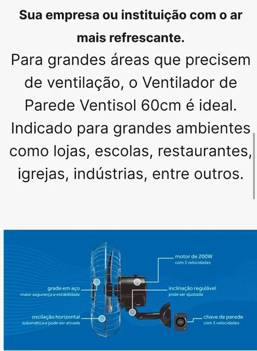 Ventilador comercial de parede 60 cm - potência 200 watss - 1 ano de garantia - ventisol - Foto 3
