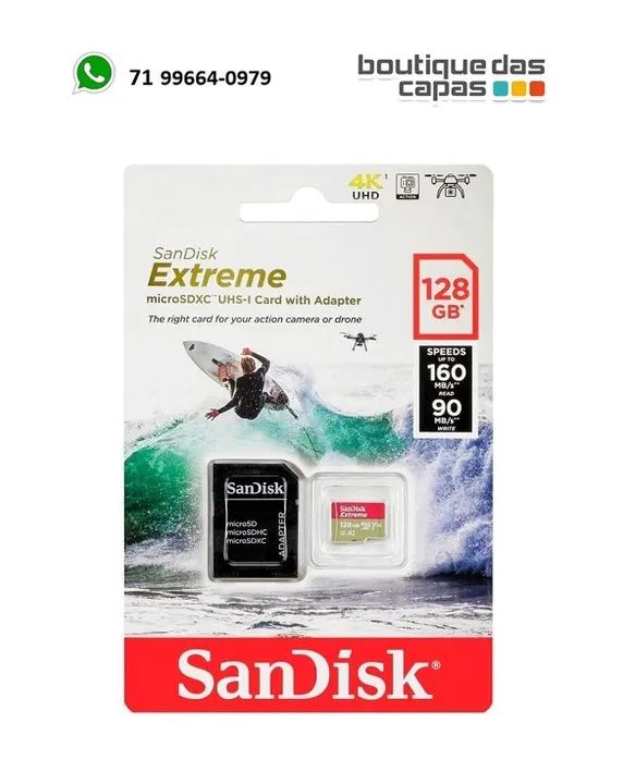 Cartão De Memória Sandisk Extreme 4k UHD 90 MB/s Até 190 MB/s 128GB drone gopro