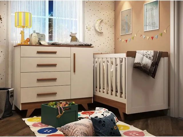 Quarto Infantil Retrô: Cômoda e Berço com Design Elegante e Estilo Atemporal65573793913473121