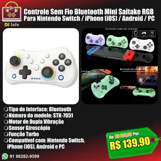 Controle Sem Fio Bluetooth Mini Saitake RGB Para Nintendo Switch / iPhone / Android / PC