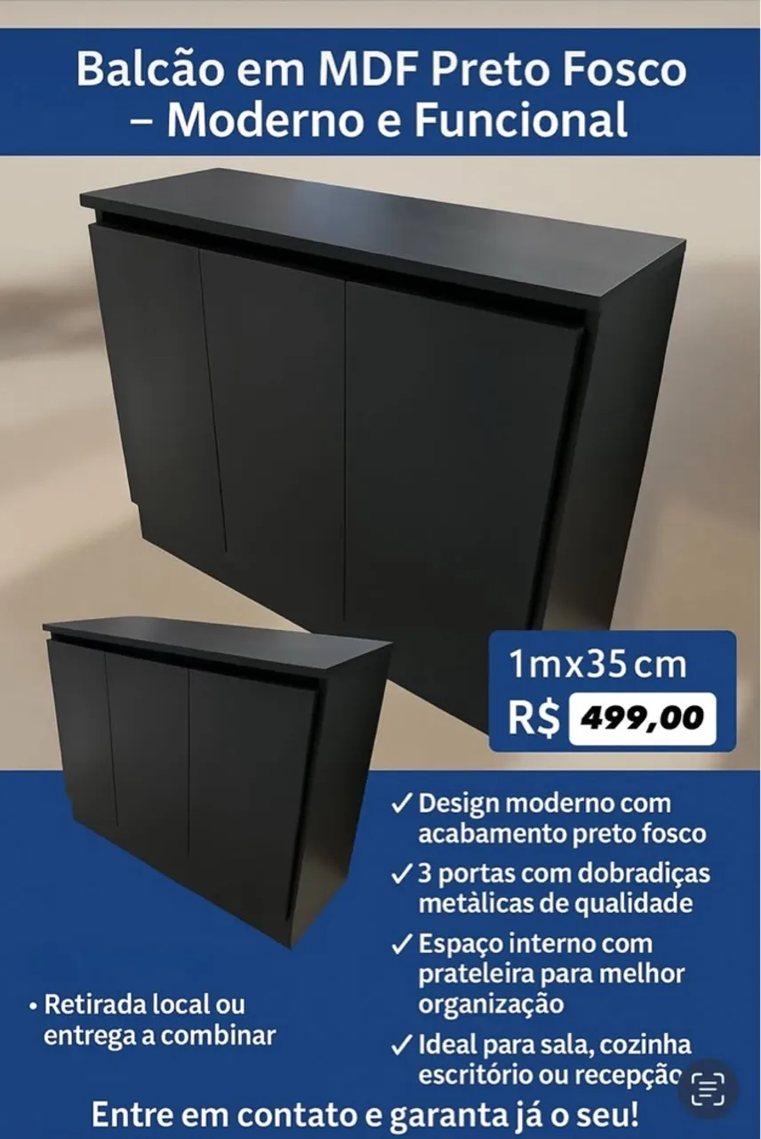 Balcão em MDF Preto Fosco - Moderno e Funcional