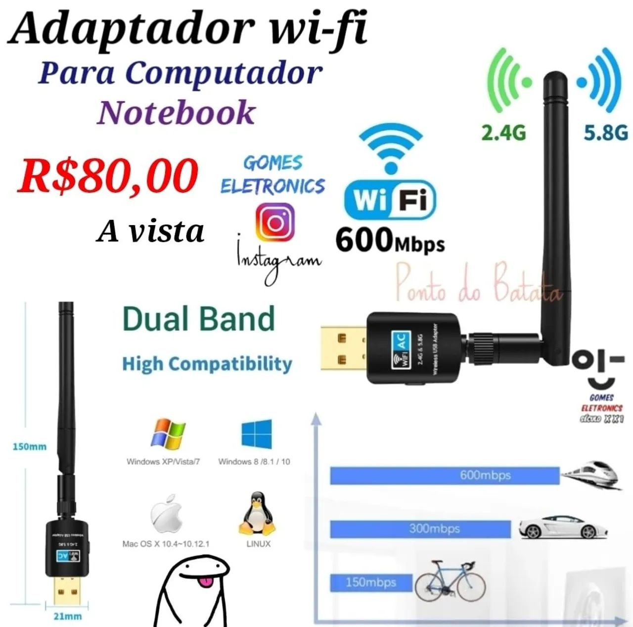 Adaptador Wi-Fi para computador e Notebook | Dual Band 600Mbps