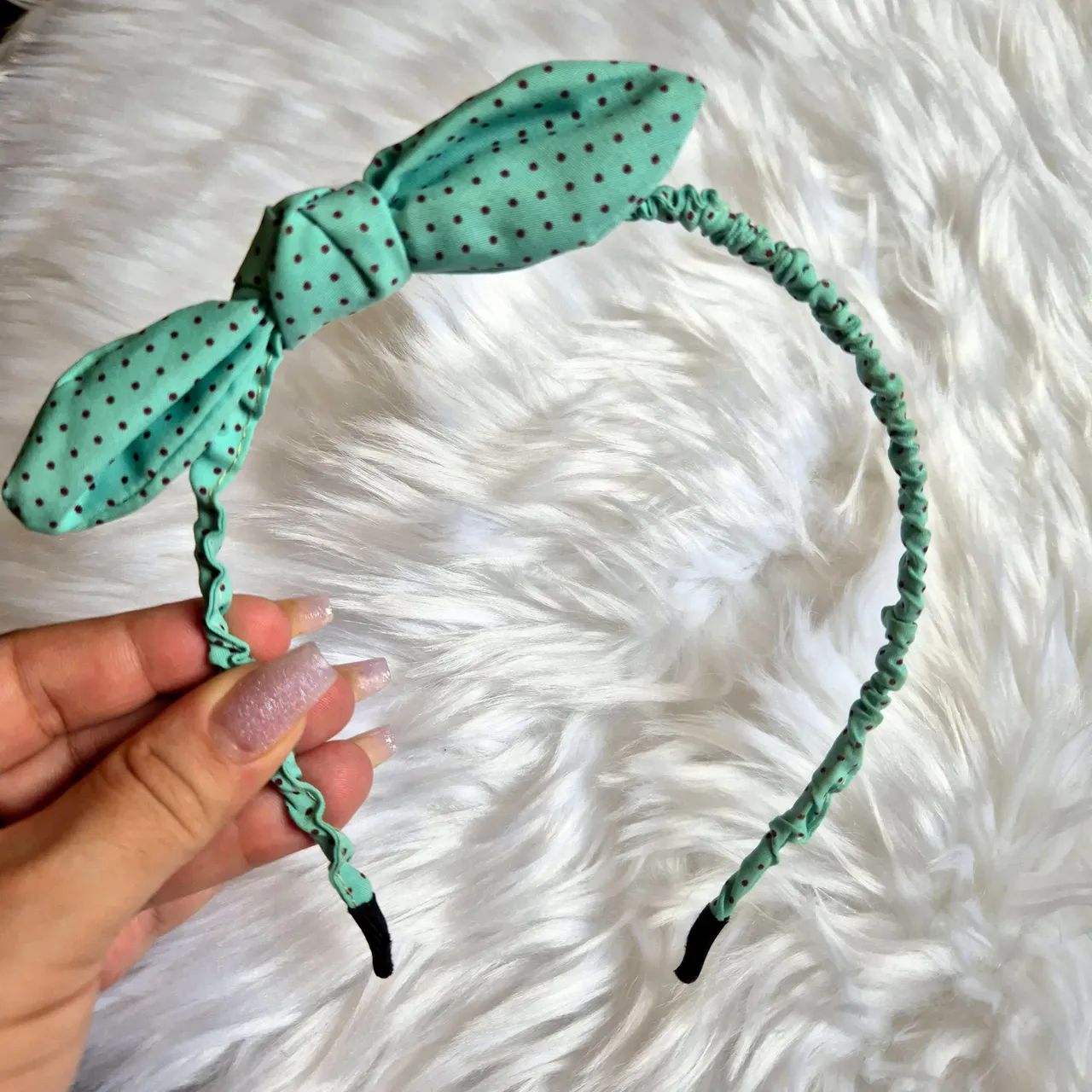 Tiara de cabelo em tecido poá verde água  - Foto 3