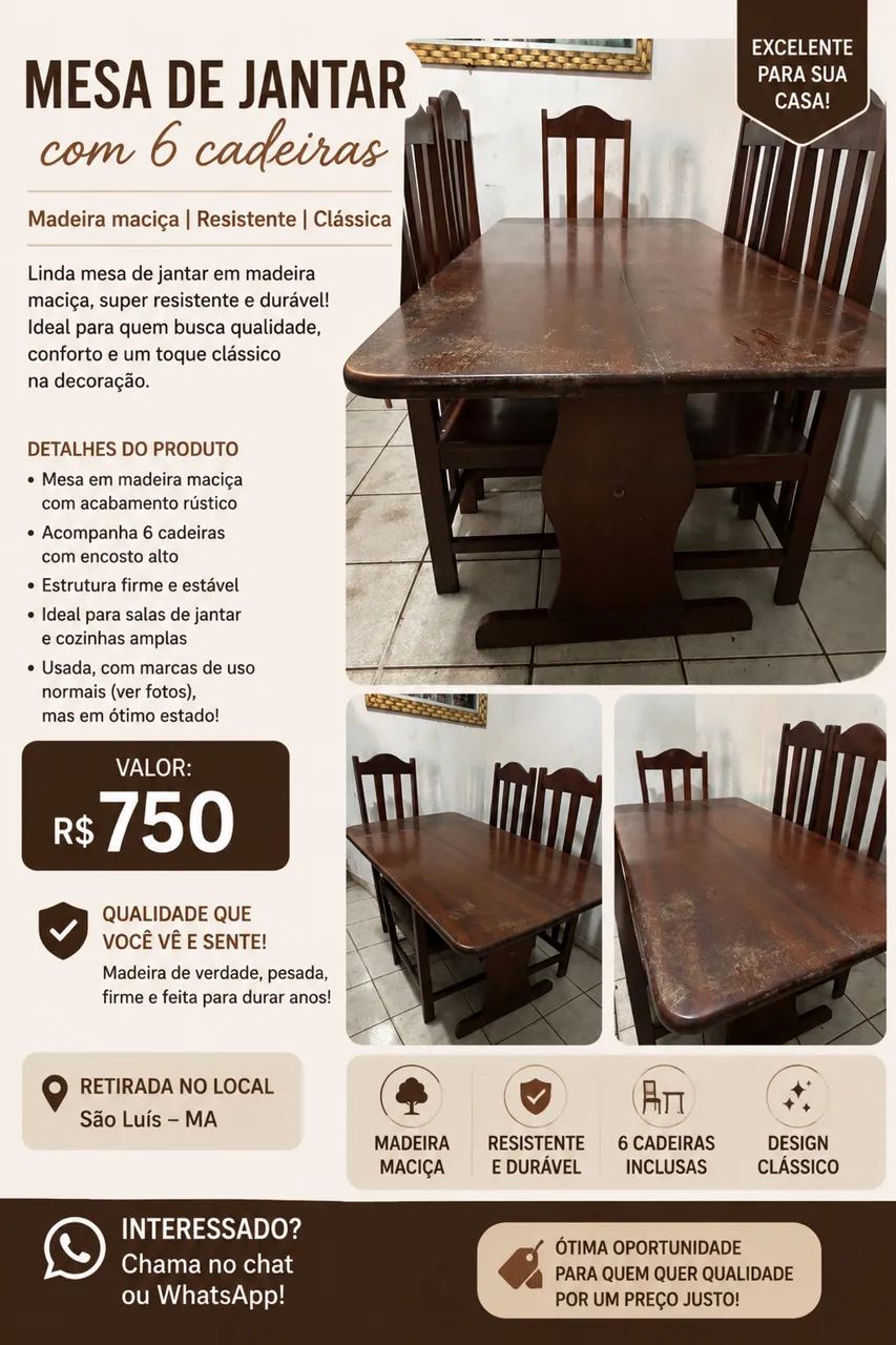 Mesa de Jantar de Madeira com 6 cadeiras