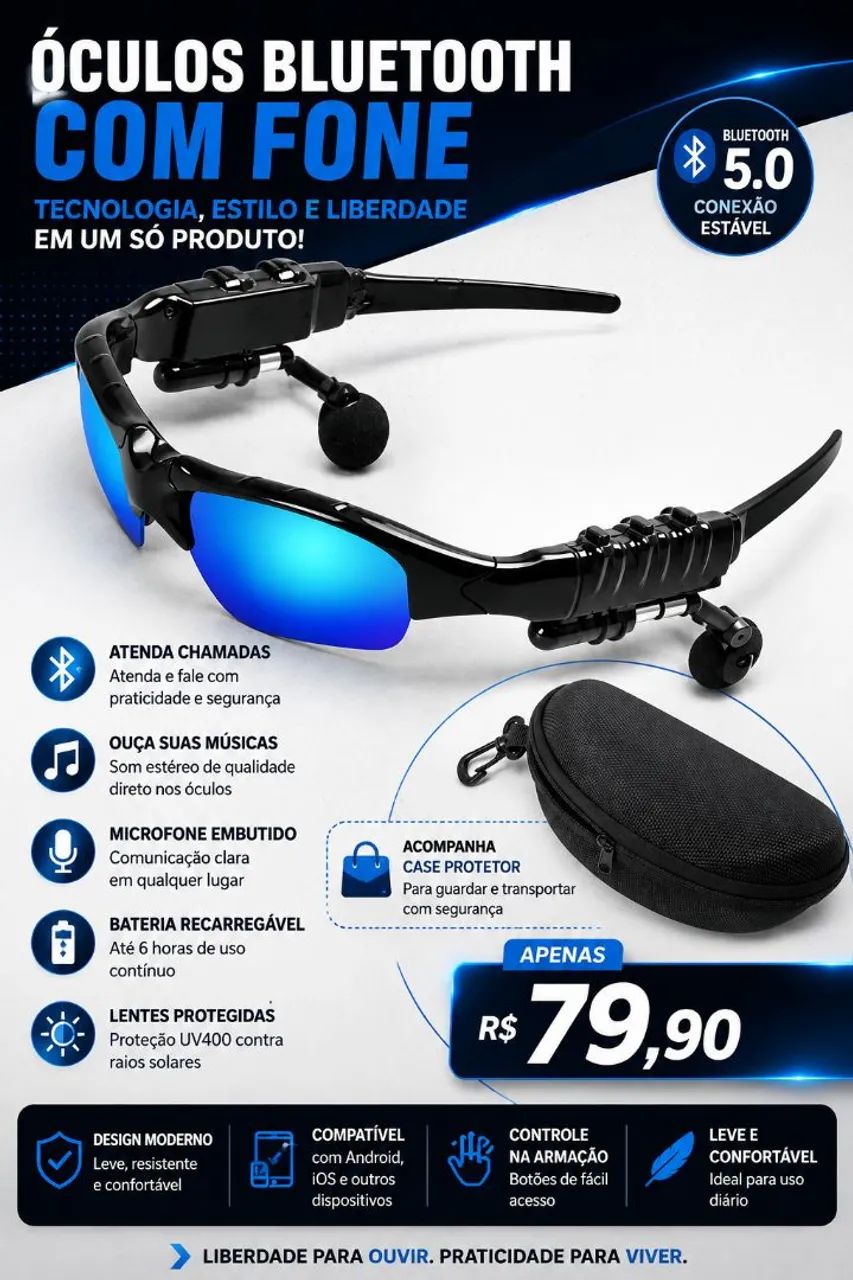 Óculos de sol bluetooth mp3 proteção UV 400