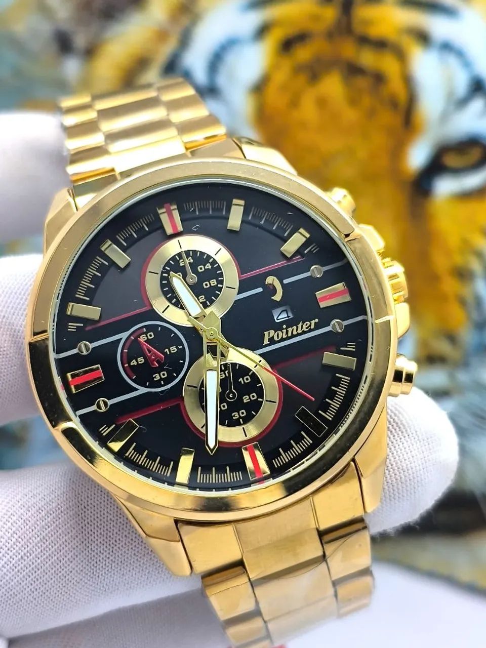 Relógio masculino dourado com data calendário design luxo - Foto 4