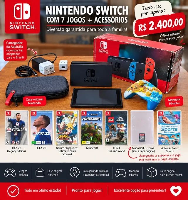 NINTENDO SWITCH 1 + 7 JOGOS + ACESSÓRIOS - Jogos de Vídeo Game