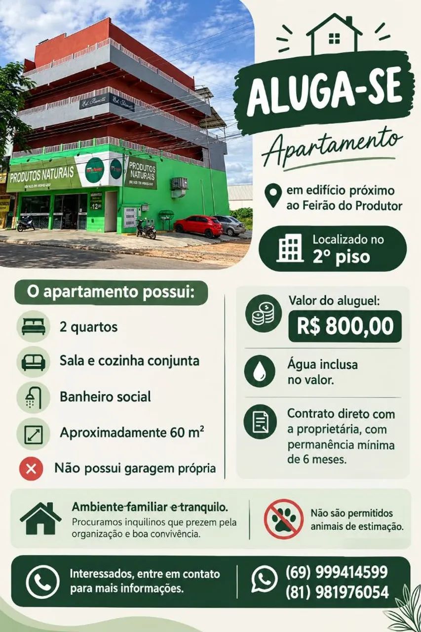 Aluga-se apartamento próximo ao feirão do produtor