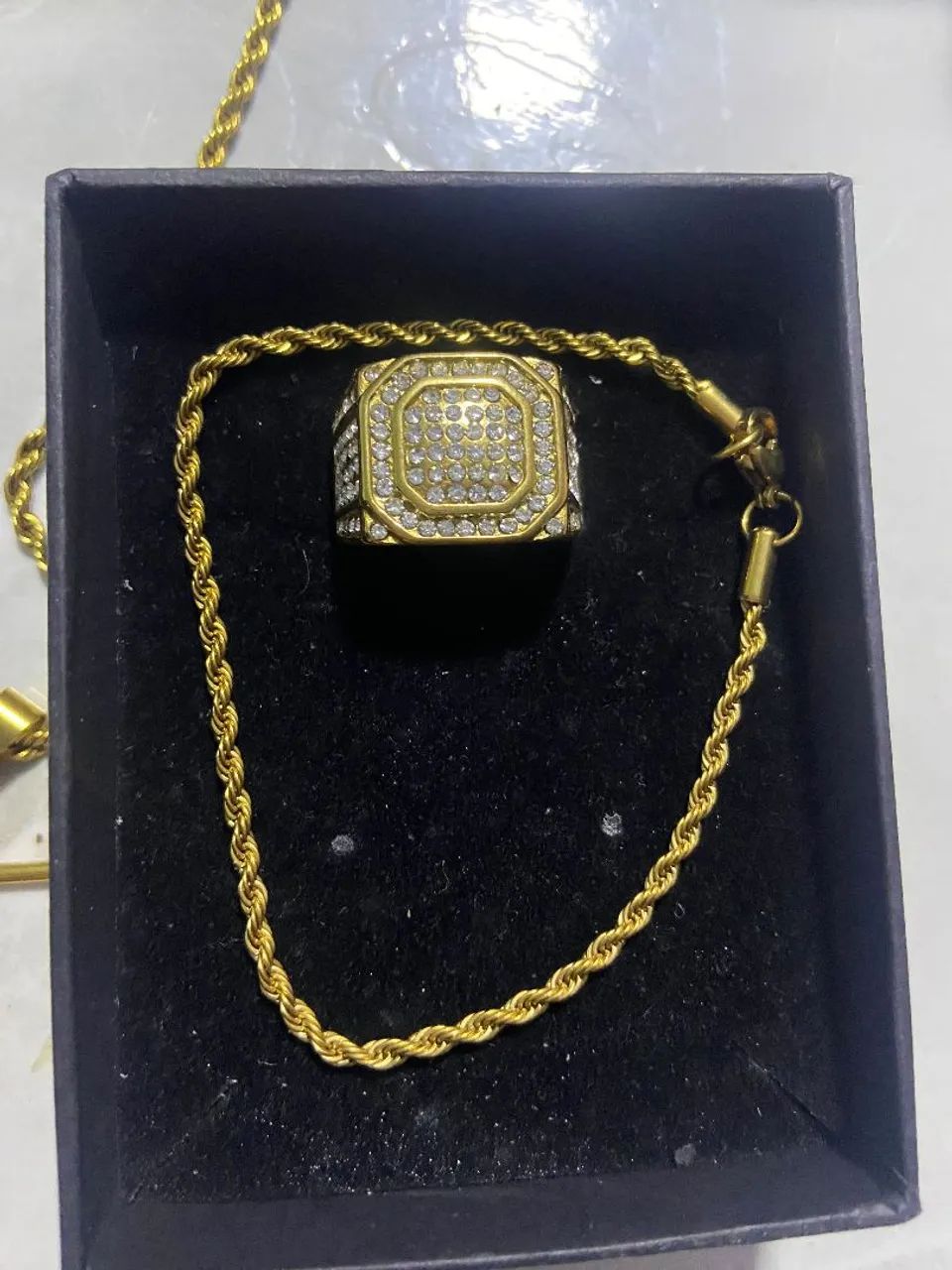 Kit relógio, cordão, pulseira e dedeira banhado - Foto 5