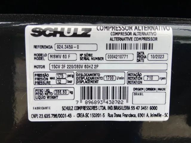 Compressor Industrial 60 PCM 15CV 427L Trifásico 220/380V Schulz - Foto 4