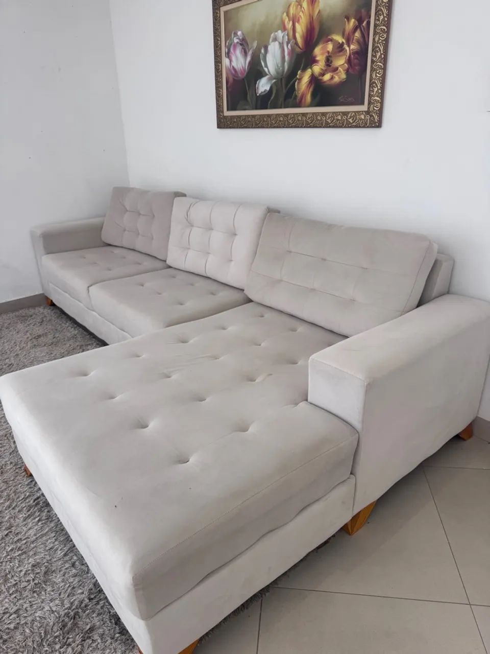 Sofá de Canto com Chaise Bege - Seminovo em Ótimo Estado
