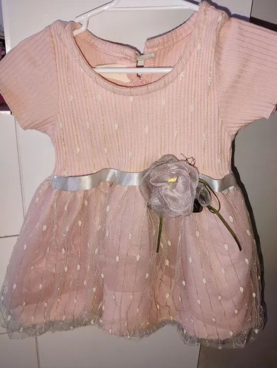 Vestido Jeans com Saia de Tule para Bebê, vestido rose com rosa - Foto 2