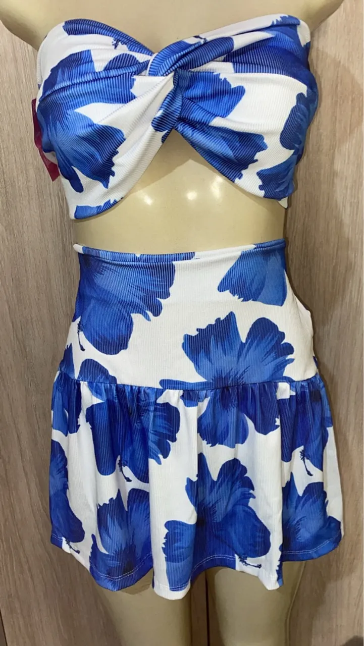 Conjunto Top e Saia - Floral Azul G GG