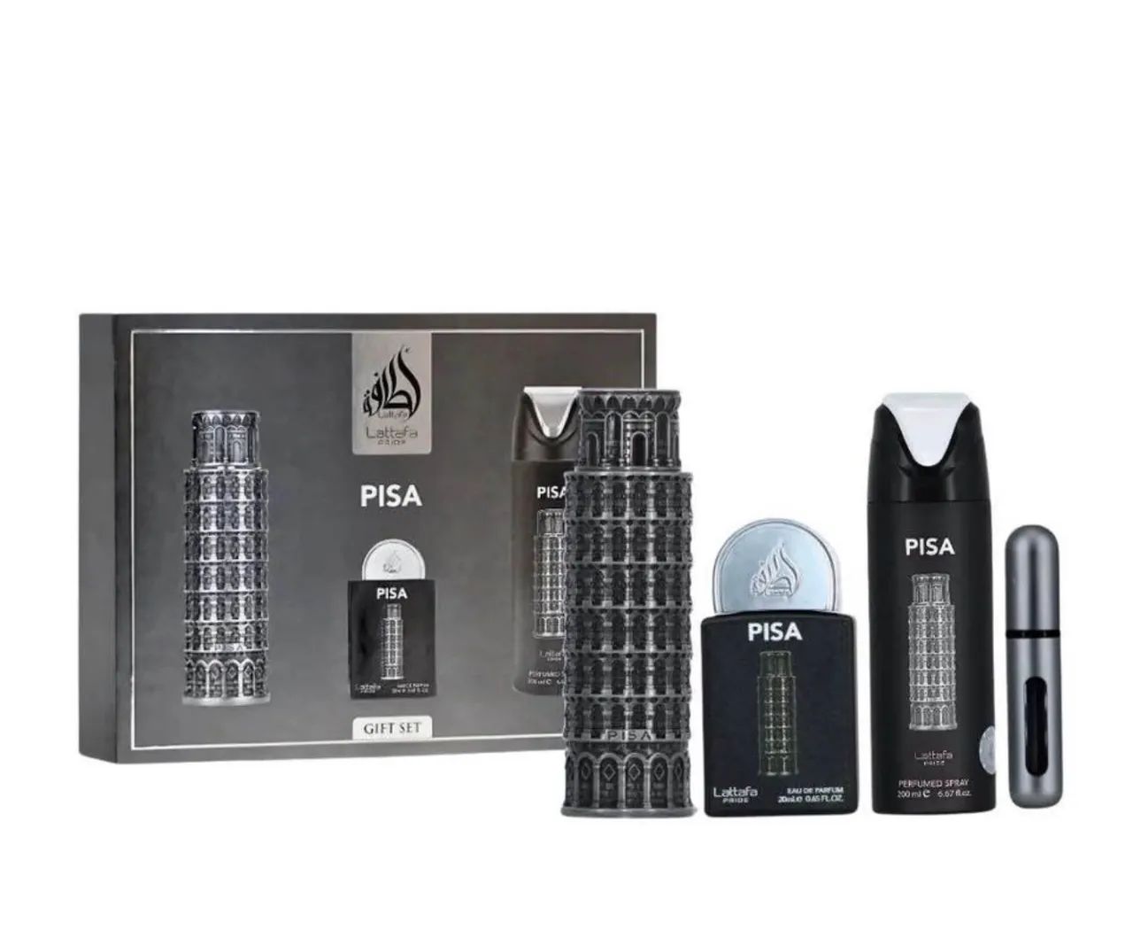 KIT mascukino árabe LATTAFA PISA  EDP 100ML + EDP 20ML + PERFUMED SPRAY 200ML