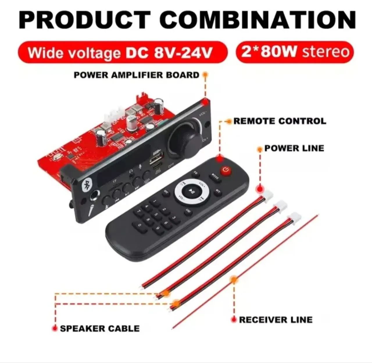 Placa Amplificadora de Áudio 2x80W DC 8V-24V com Controle Remoto e Bluetooth 