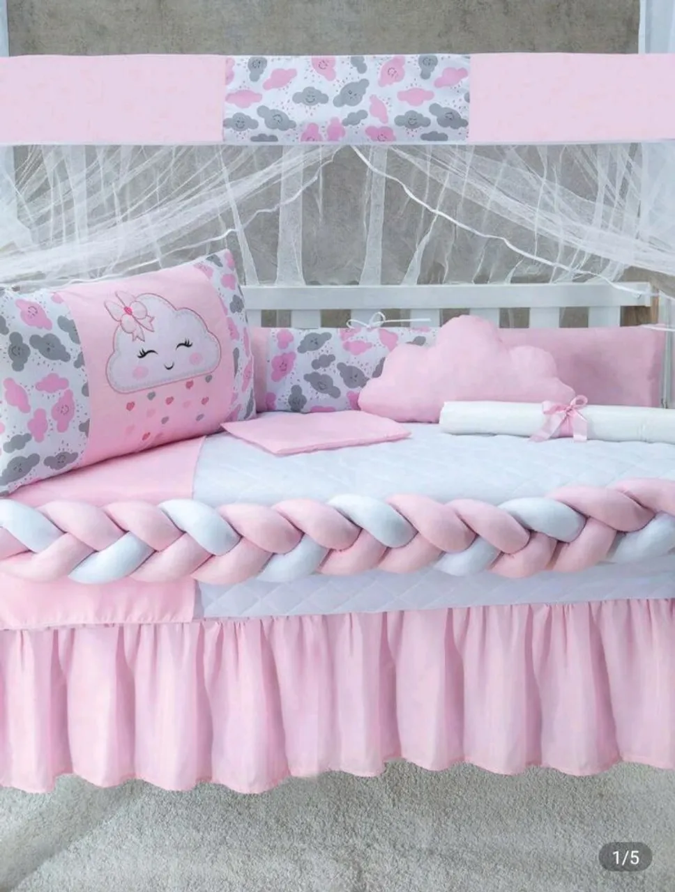Berço com Enxoval Completo Nuvem Rosa - Conforto e Encanto