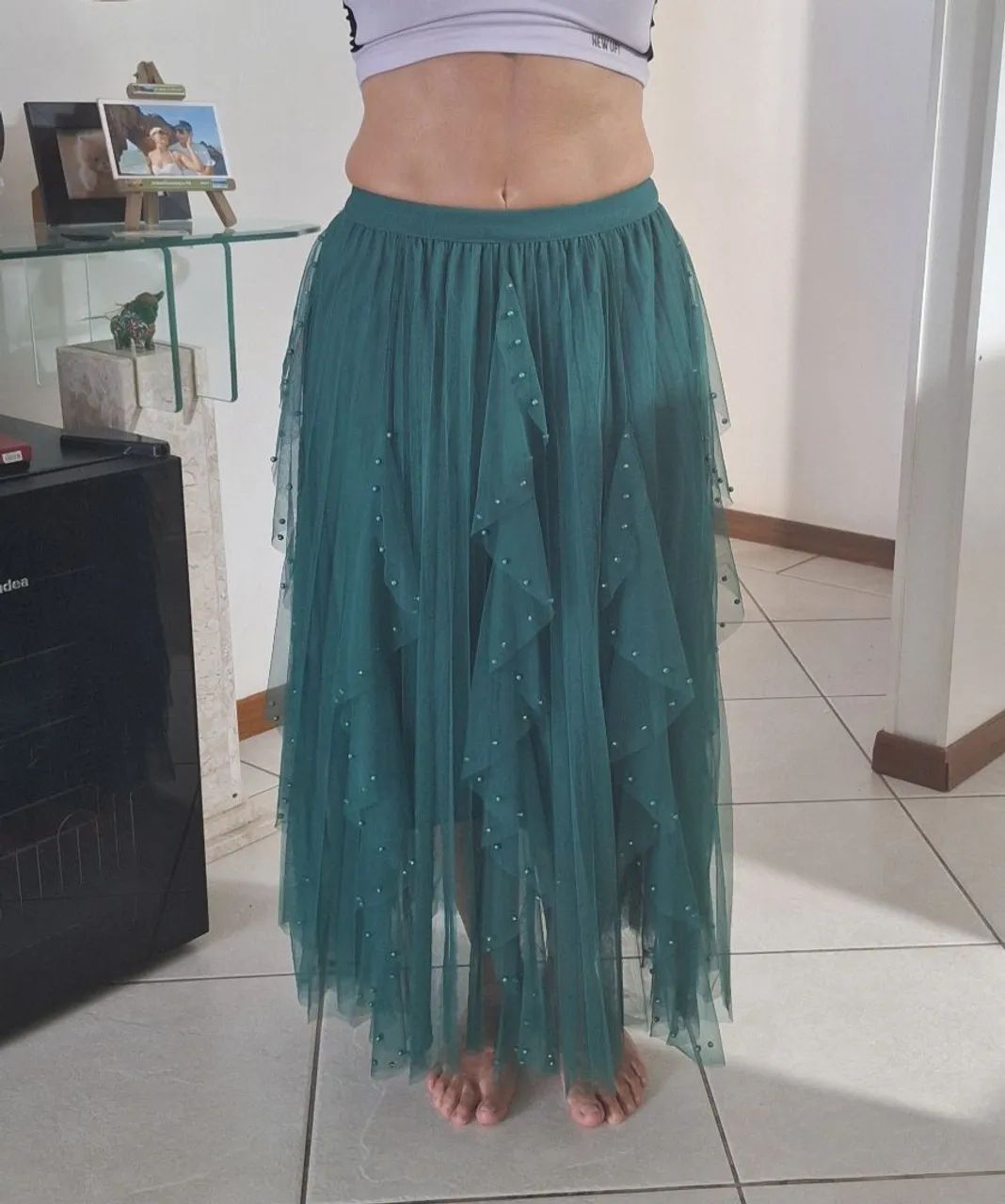 Saia midi verde de tule com pérolas  - Foto 3