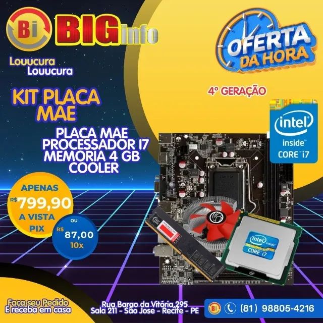 Kit Placa Mae Intel I7 4770+ Placa Mãe + Cooler + 4Gb DDR3 - Em ate 10x Fixas 