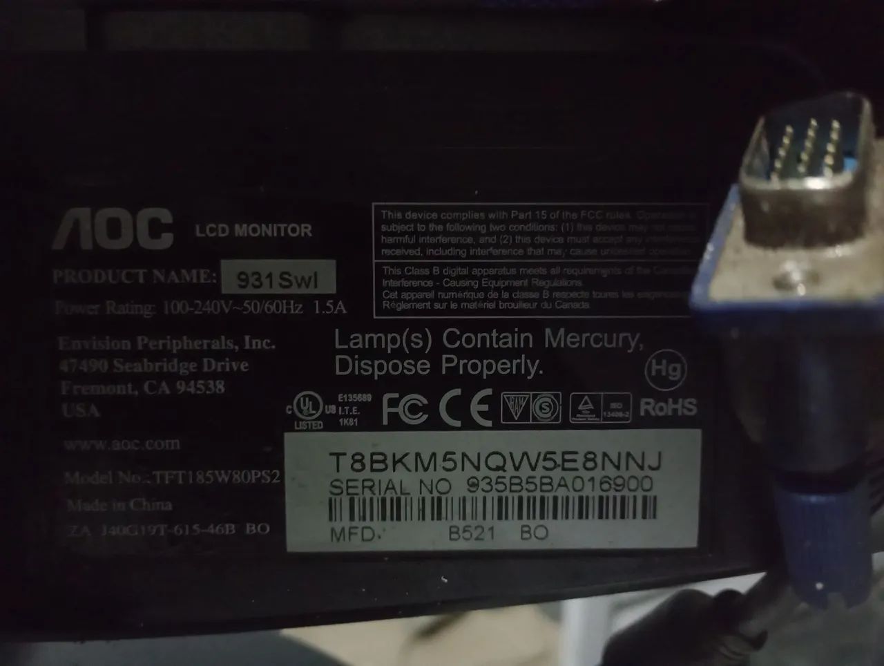 Monitor AOC Mod 931SWL bi-volt VGA Funcionando  - Foto 2