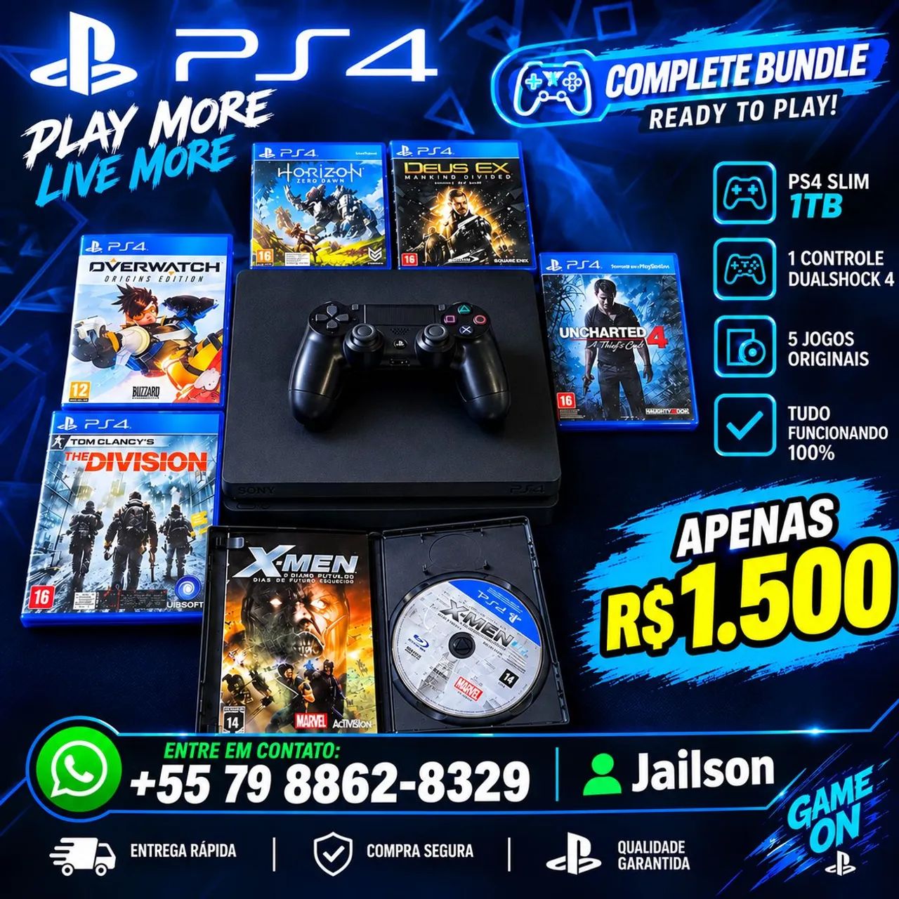 PS4 1TB + Controle - jogos 