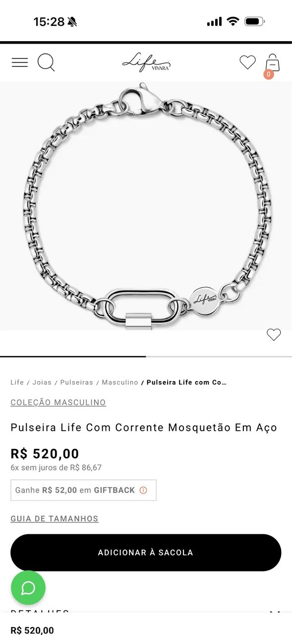 Pulseira Life Com Corrente Mosquetão Em Aço - Foto 2
