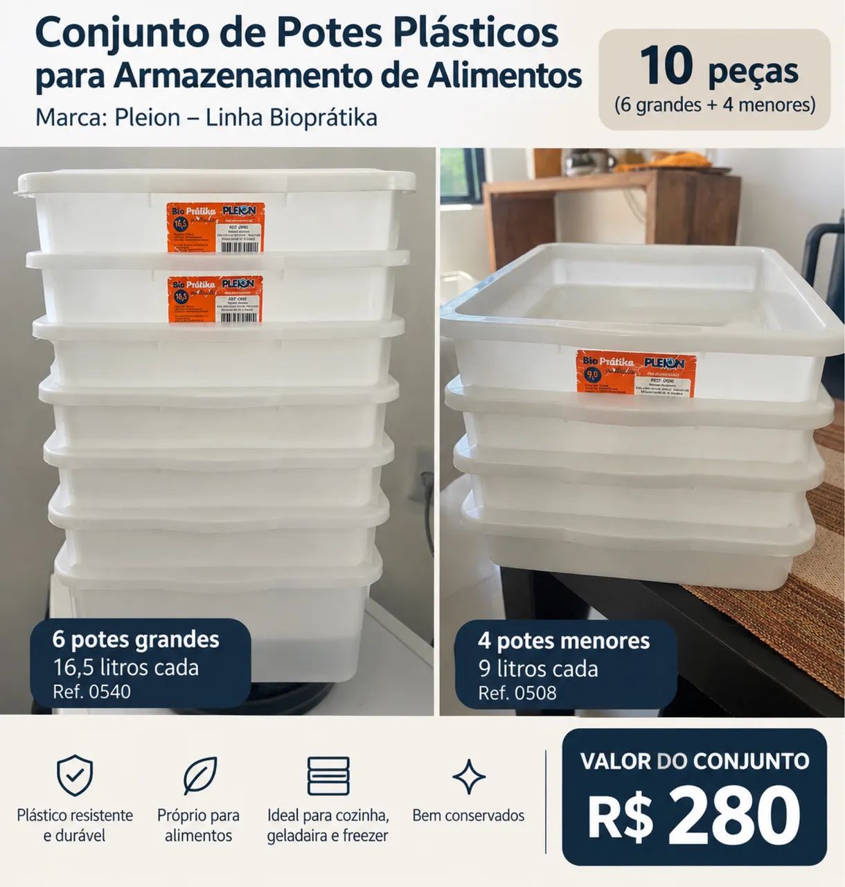 Kit 10 Potes Plásticos Grandes Pleion para Alimentos - 9L e 16,5L