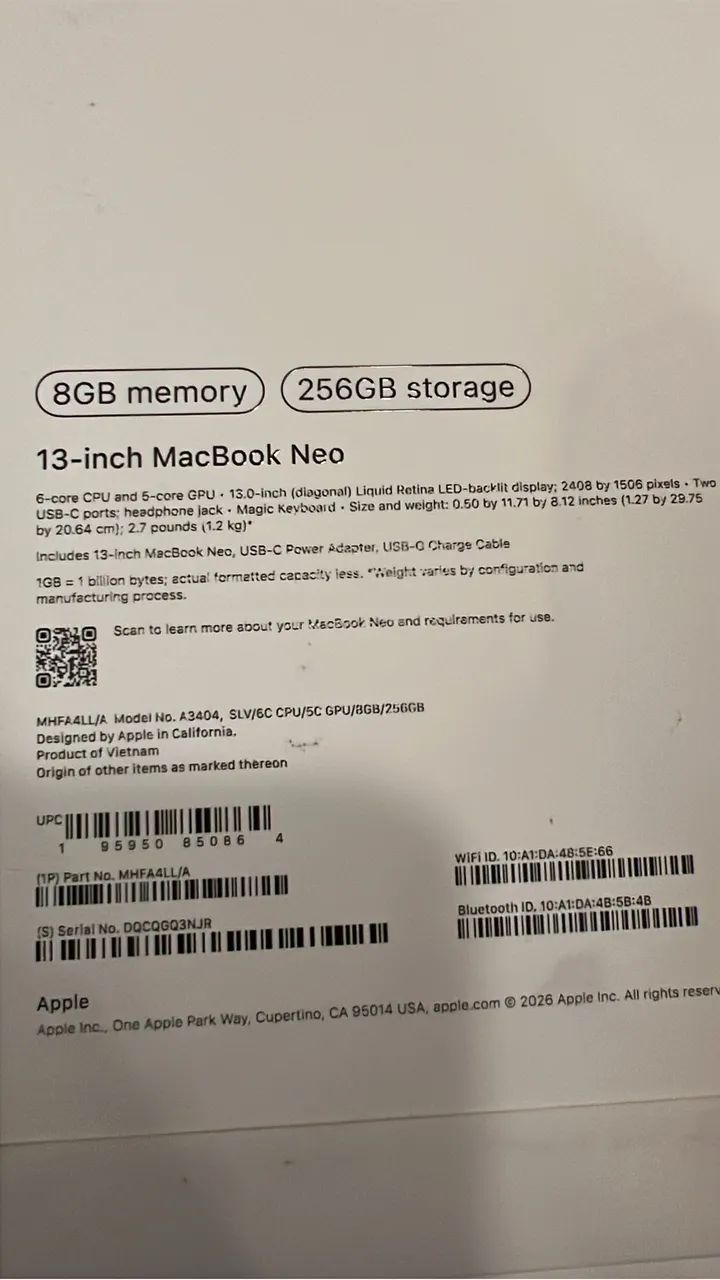 Apple Macbook NEO 256/8GB (A18 Pro) produto lacrado | Novo