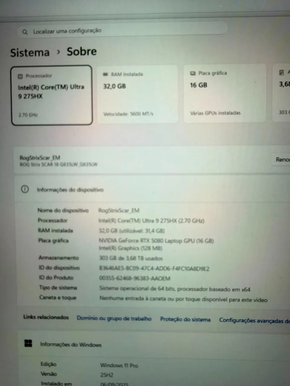 NB Asus Rog Strix Scar 18 G835L - Ultra 9/275hx - 32 gb - 2 TB SSD - RTX 5080 (16gb) - Foto 4