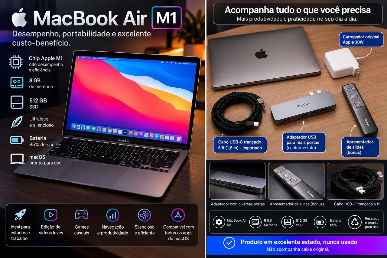 MacBook Air M1 8GB / 512GB SSD + Acessórios e Brinde