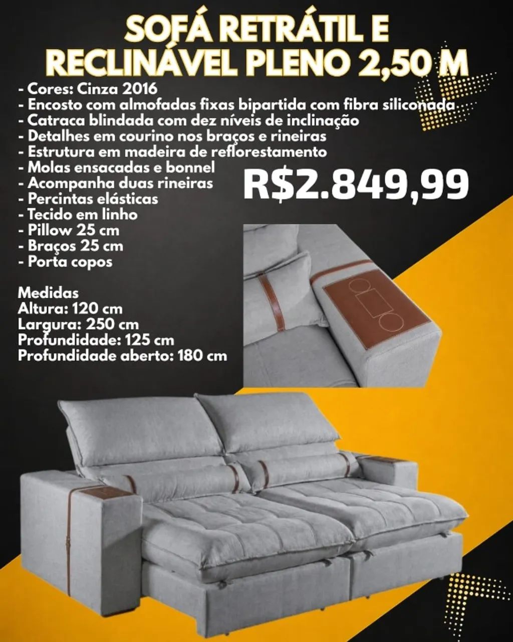 Sofá retrátil e reclinável 2,5M (Pague na entrega)