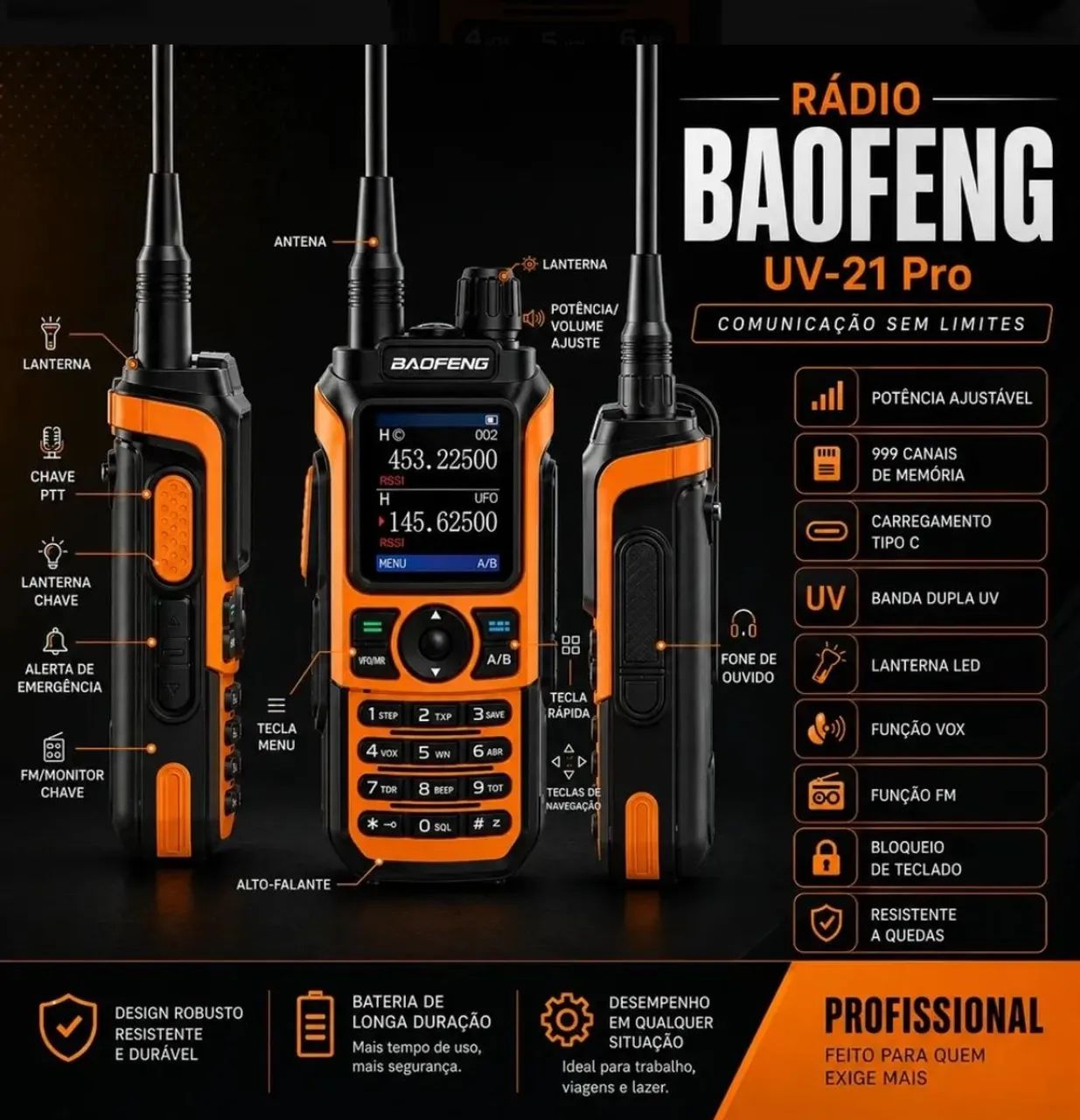Rádio Baofeng Uv-21 10w Dual Band Uhf Vhf Longo Alcance Novo - Foto 3