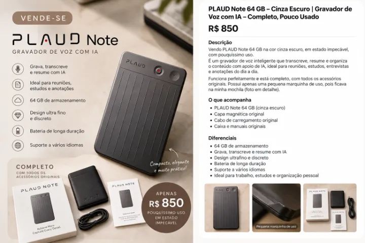 PLAUD NOTE - GRAVADOR DE VOZ COM IA